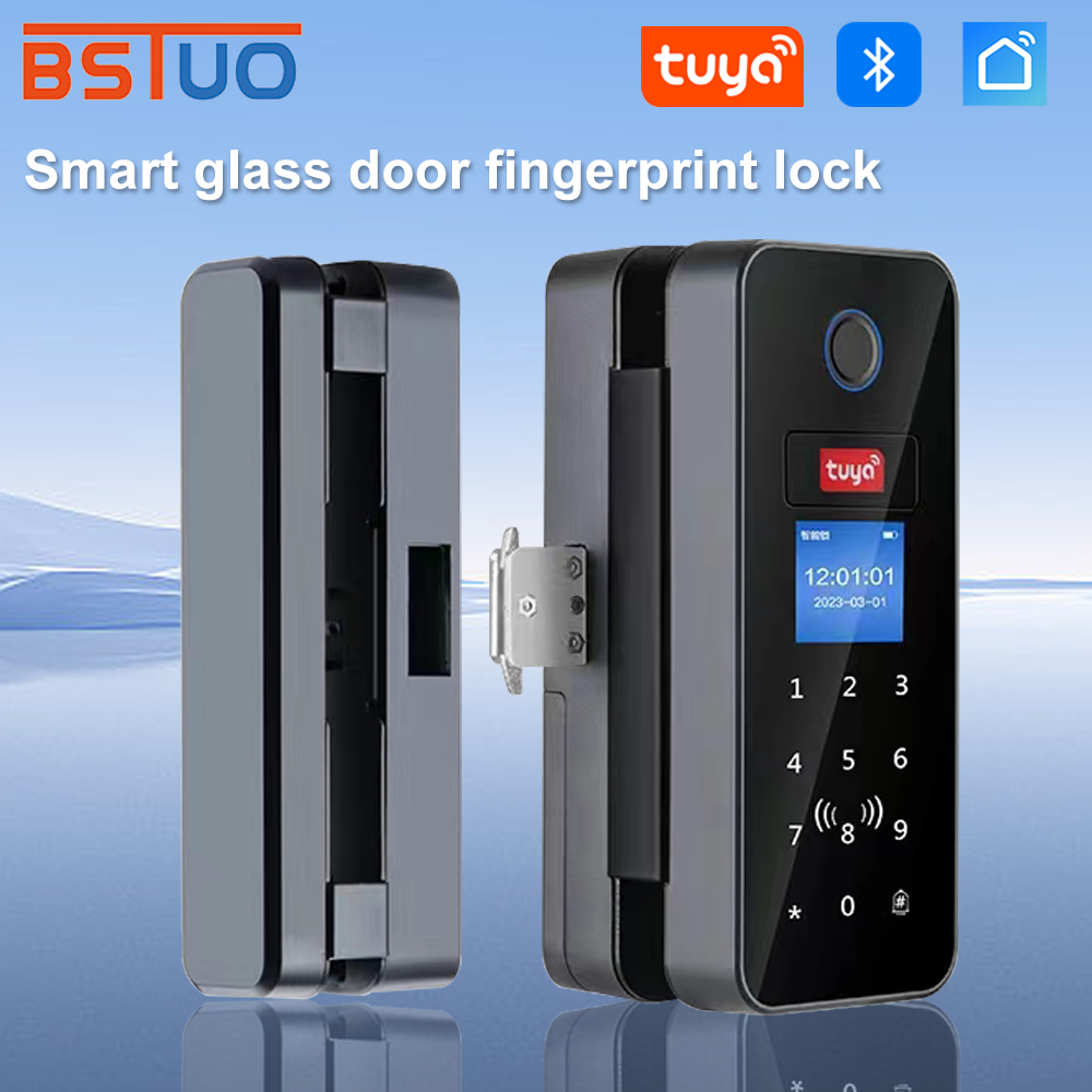Home Security Keypad - ダブルフックスマートガラスドアロックガラス引き戸 Tuya アプリ生体認証指紋ロック Bluetooth IC カード電子デジタル