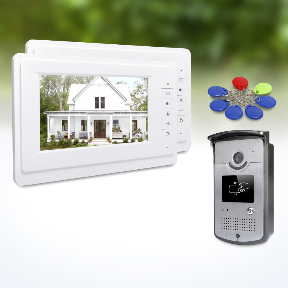 Home Security Video - 1台の屋外カメラ、2台の屋内モニター、7インチビデオドアホンインターホン、キーフォブ、RFIDロック解除、ミュートモード、有線ホームセキュリティシステムキット