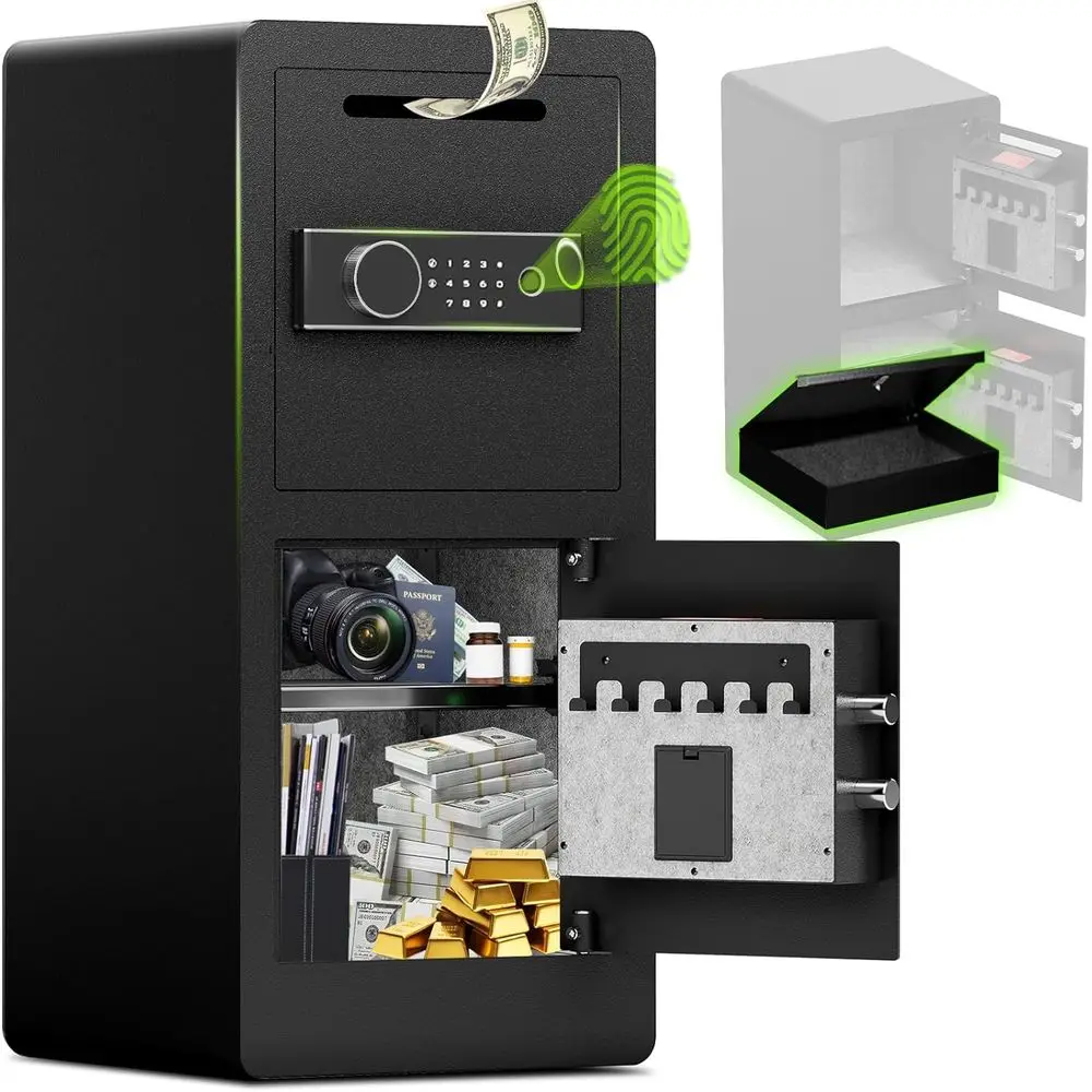 Safe Box Digital - 生体認証式金庫（アンチフィッシングスロットとLEDライト付き） | 小売業、ホスピタリティ業界における安全な取引のためのデジタル現金保管庫
