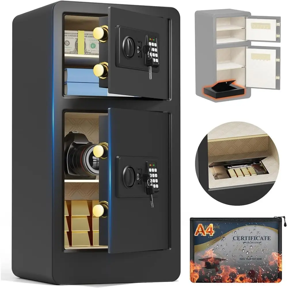 Safe Box Digital - 特大防水耐火金庫、二重扉、A4バッグ、デジタルキーパッド、スペアキー、スマートアラート付き、家庭用セキュリティ向け