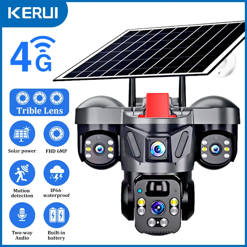 Home Security Video - KERUI V380 Pro屋外PTZ 6MP WIFI 4GソーラーカメラホームセキュリティトリプルレンズカメラソーラーパネルCCTVビデオ監視