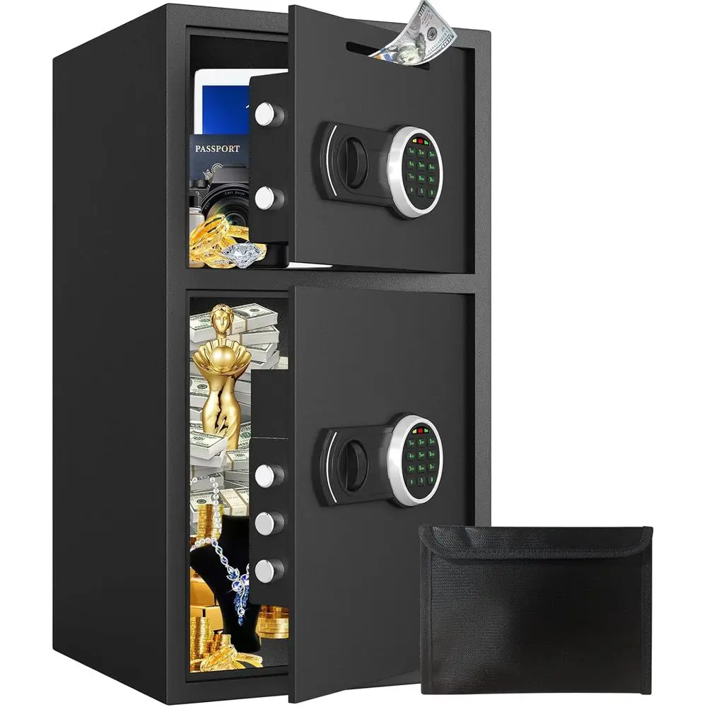 Safe Box Digital - 特大ホームセキュリティボックス（防水バッグ付き）、デポジットスロットと金属収納付きデジタル金庫、ソフトライニングマネーセーフ