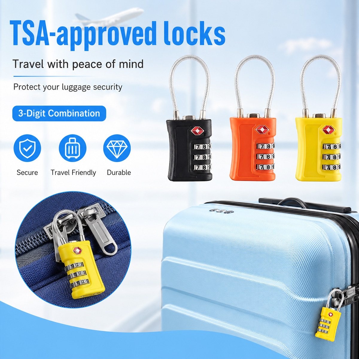 TSA承認済み荷物ロック 3桁コンビネーションケーブル南京錠 - Home Security Locks のレビューと価格